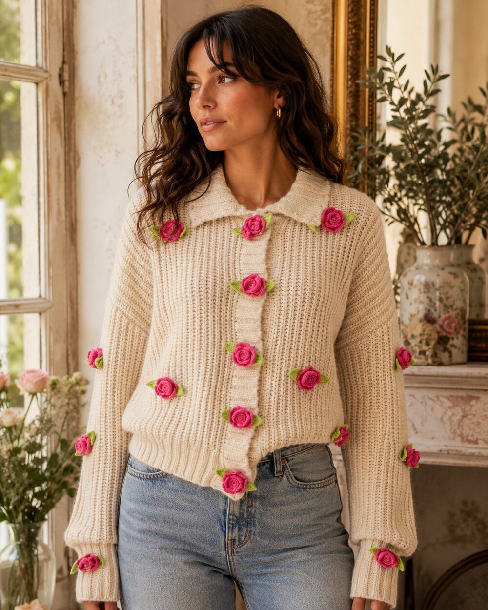 weet Society Cardigan Women S/M Beige Pink Rose Floral Applique Cottagecore Knit